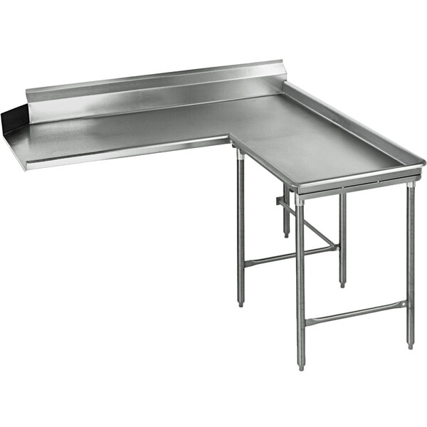 A 60" stainless steel L-shape Eagle Group dishtable with legs.