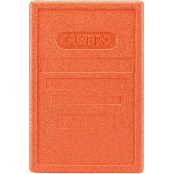An orange rectangular plastic lid with text for the Cambro Cam GoBox.