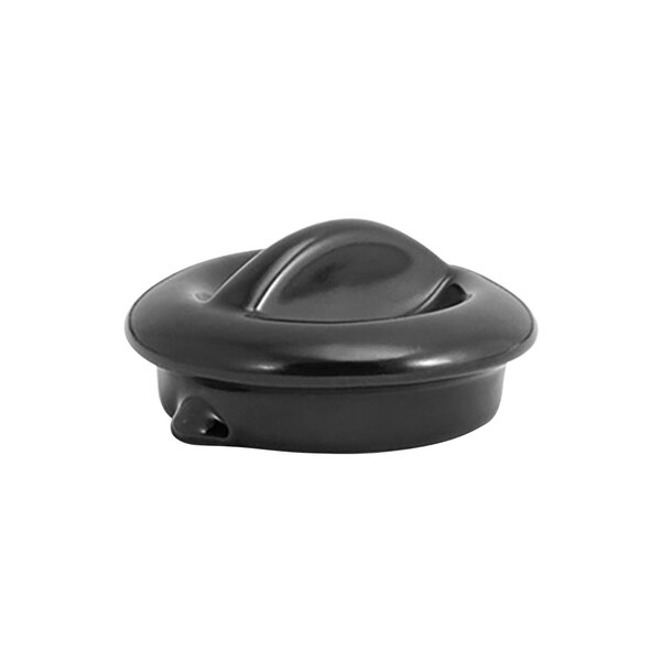 A black semi-matte porcelain lid with a spiral design and a round knob.