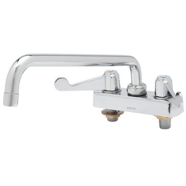 A chrome Equip by T&S deck-mounted faucet with swivel spout and wrist action handles.