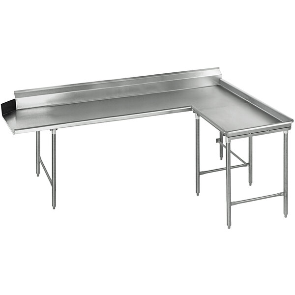 A close-up of an Eagle Group stainless steel clean L-shape dishtable.