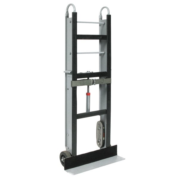 A Wesco aluminum hand truck with black and silver parts and rubber wheels.