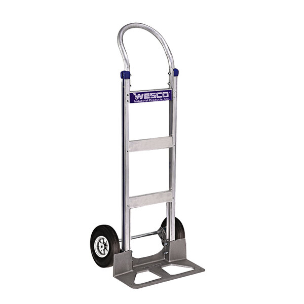 A silver Wesco hand truck with wheels and a handle.