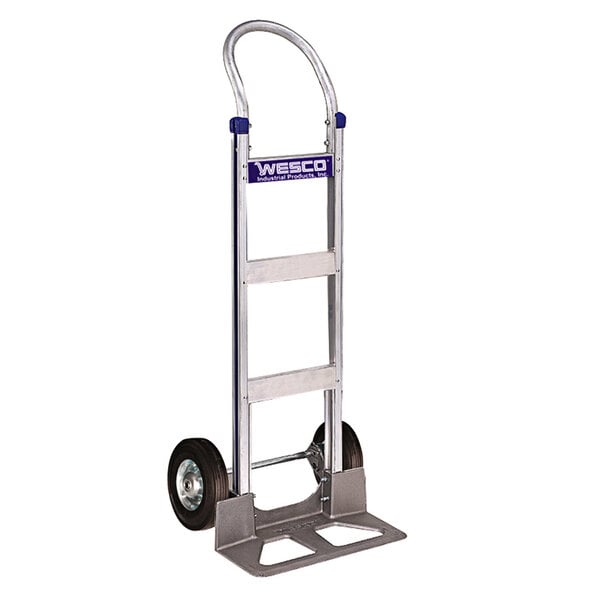 A silver and black Wesco Industrial Products hand truck with wheels and a handle.