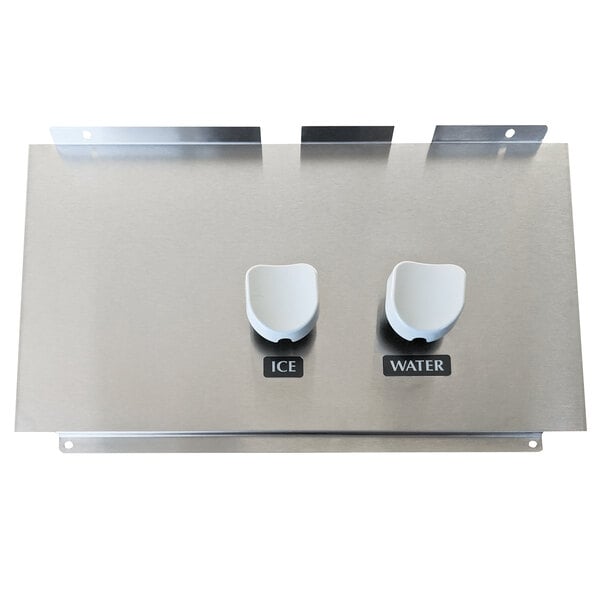 A stainless steel wall mounted switch with two white knobs.