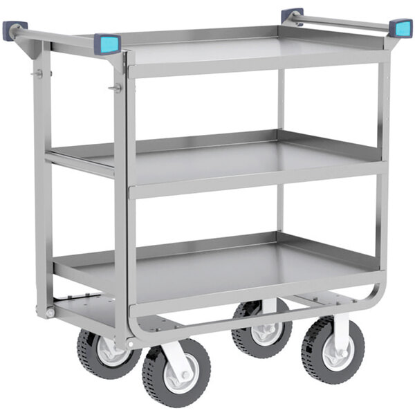 A Lakeside metal multi-terrain mobility cart with four shelves and 8" casters.