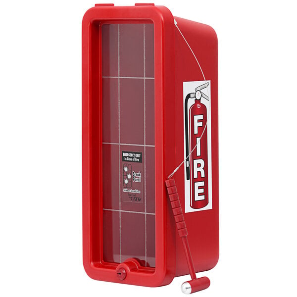 A red Cato fire extinguisher cabinet with a hammer attachment on the front.