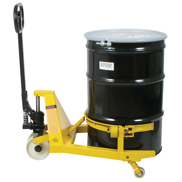 A Wesco black drum lifter on a yellow hand truck.