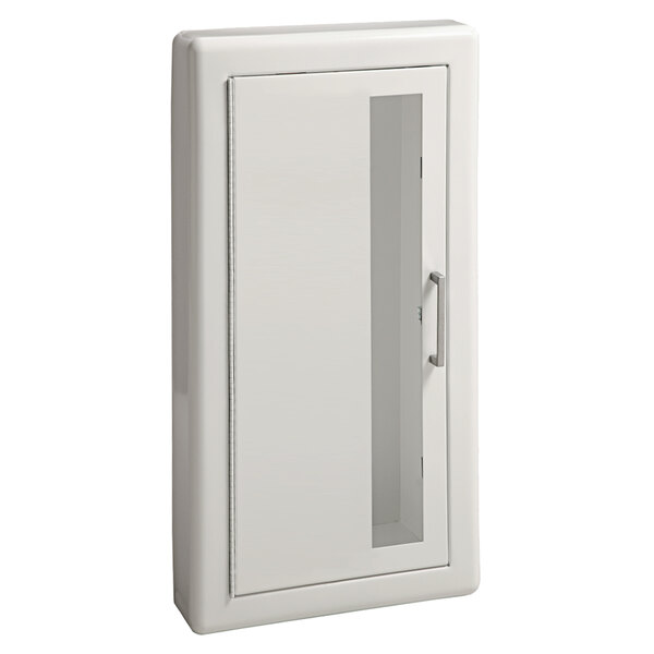 A white fire-rated steel cabinet for fire extinguishers with vertical window.
