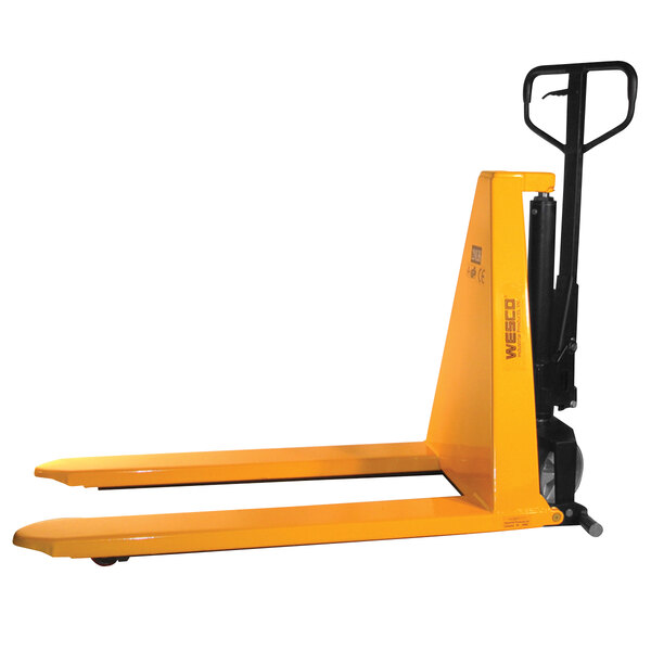 A yellow Wesco manual high lift pallet truck with black handle.