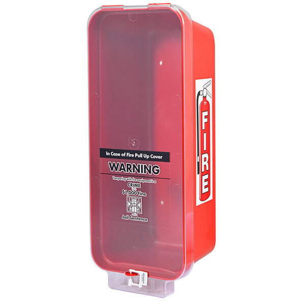 A red Cato fire extinguisher box with a clear pull-cover.