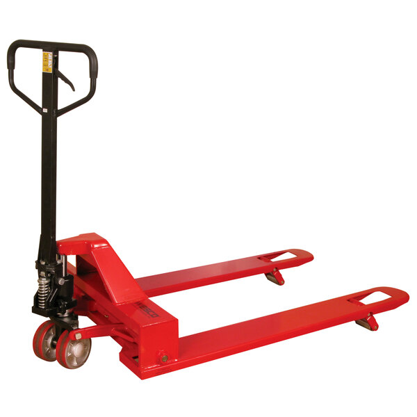 A red Wesco Industrial Products pallet jack with black wheels.