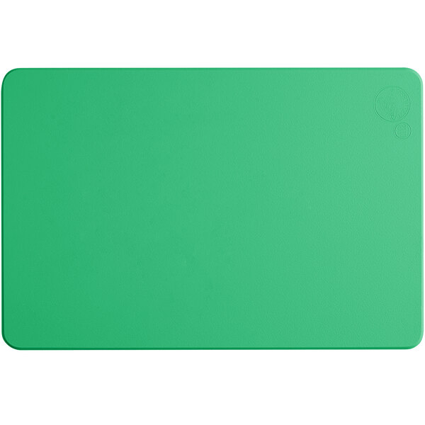 A green rectangular cutting board with a logo on it.