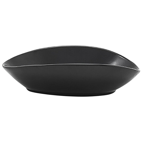 A black bowl with a curved edge on a white background.