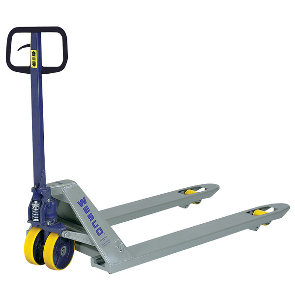 A Wesco Industrial Products pallet truck with yellow wheels.