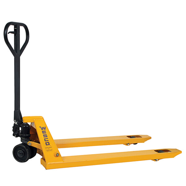 A yellow Wesco pallet truck with black wheels.