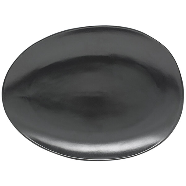 A black oval porcelain platter with a semi-matte finish.