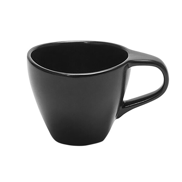 A black Front of the House Tides porcelain cup with a handle.