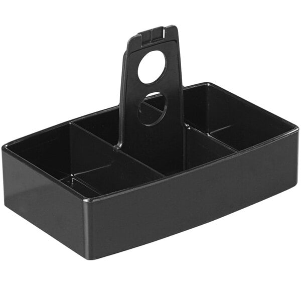 A black plastic Carlisle condiment caddy with three compartments.