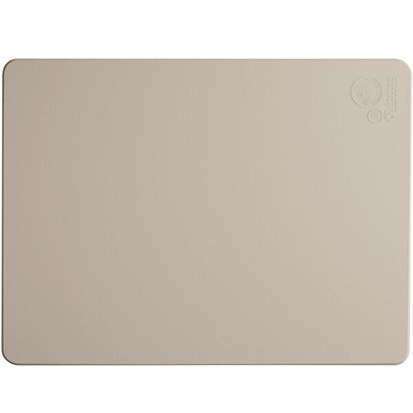 A white rectangular cutting board with a circle and text.