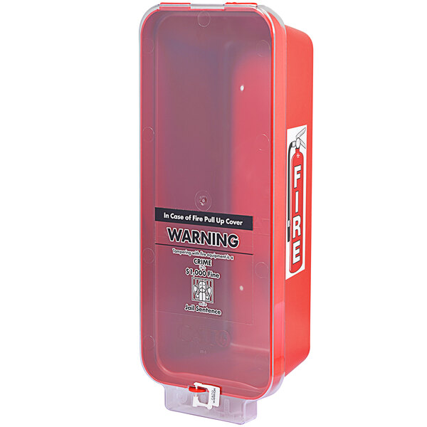 A red Cato fire extinguisher cabinet with clear pull-cover.