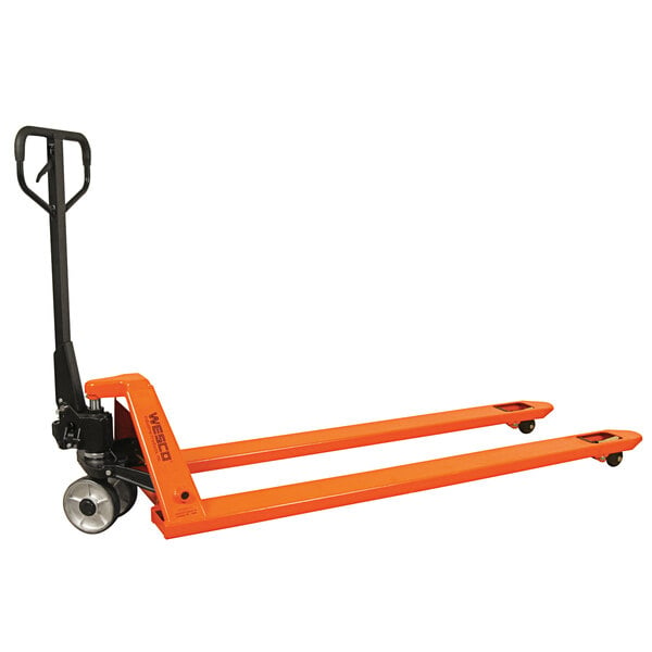 An orange Wesco Industrial Products pallet jack with black wheels.