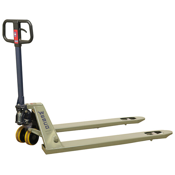 A Wesco lowboy pallet jack with wheels and a handle.