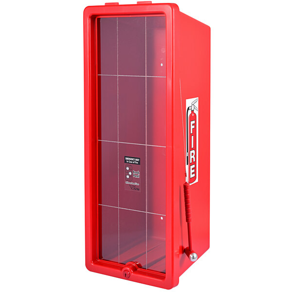 A red Cato fire extinguisher cabinet with a glass door.