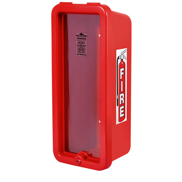 A red surface-mounted fire extinguisher cabinet with a clear window for a fire extinguisher.