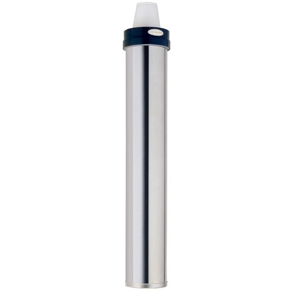 A silver stainless steel cylinder with a white cap.