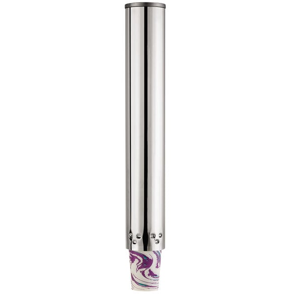 A close up of a silver metal tube with black lines on a white background.