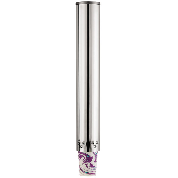A close up of a silver metal tube with white and purple accents.