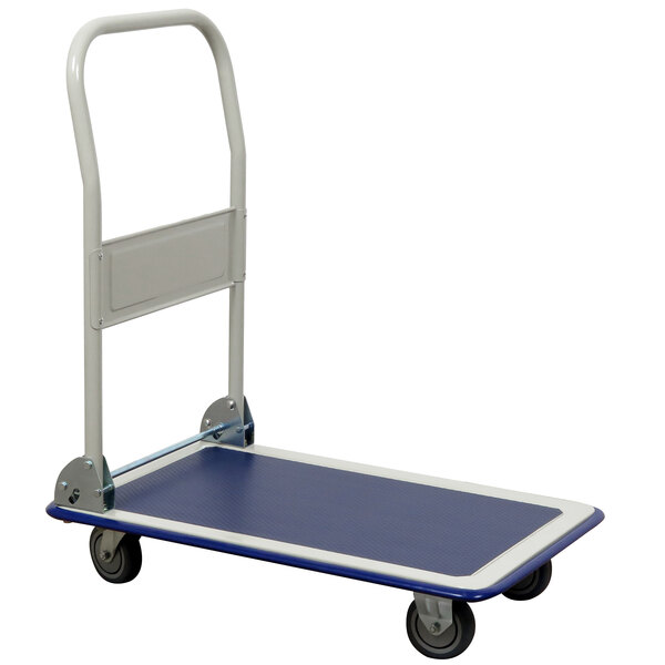 A blue and white Wesco steel folding platform truck with wheels.