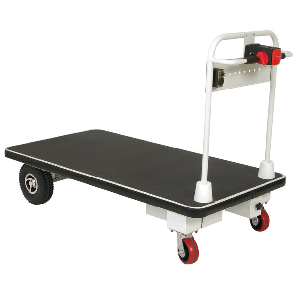 A black and red Wesco Industrial Products battery-powered platform truck with red wheels.