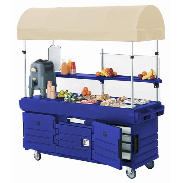 A navy blue Cambro food cart with a canopy over pan wells.