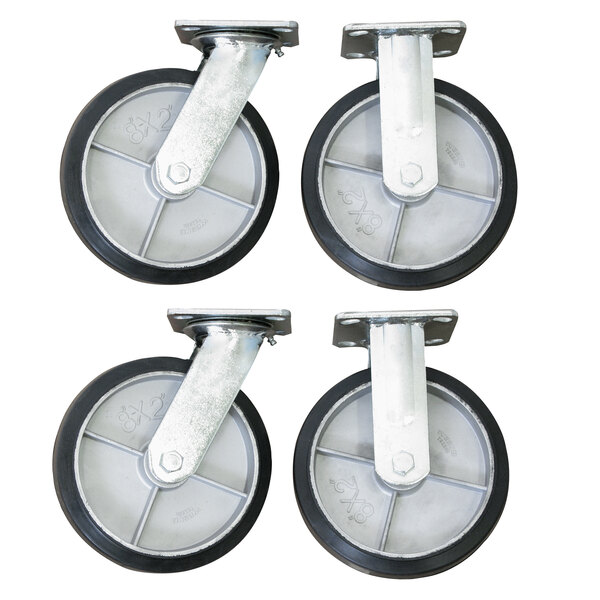 A set of four black and white Wesco casters with wheels.