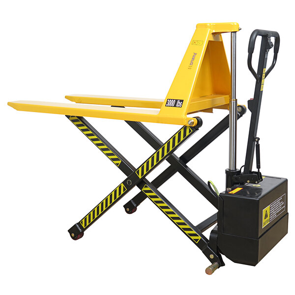 A yellow and black Wesco electric high lift pallet truck with a yellow handle.