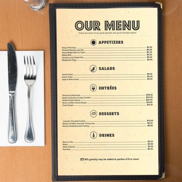 A Southwest themed menu with a fork and knife on a table.