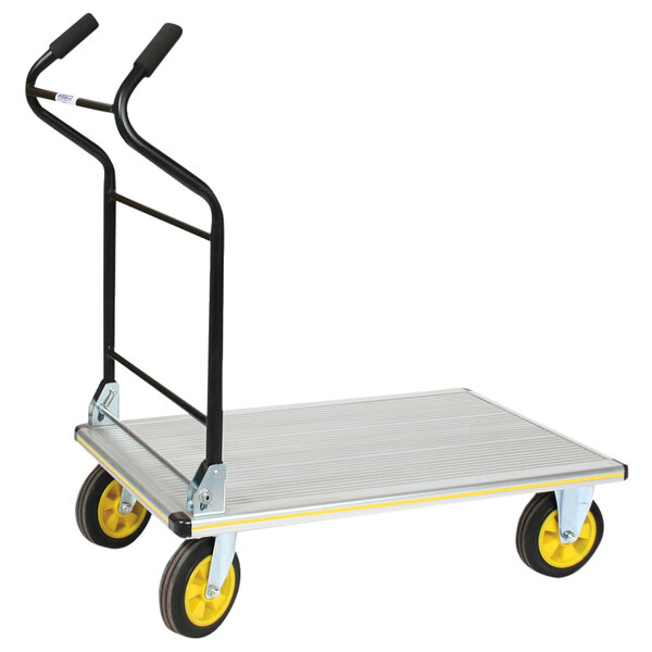 A Wesco aluminum folding platform truck with yellow wheels and black handles.