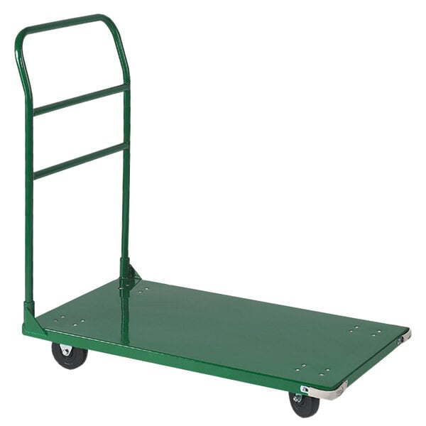 A green Wesco steel platform truck with wheels and a handle.