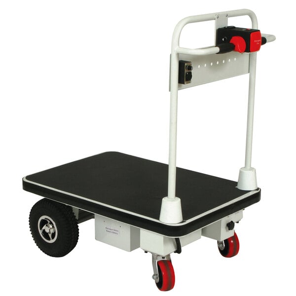 A black platform cart with red wheels and a handle.