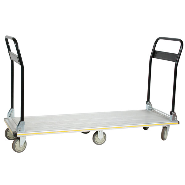 A silver metal cart with black handles and wheels.