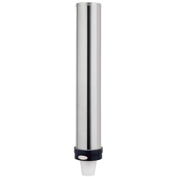 A stainless steel wall mount cup dispenser with a black cap.