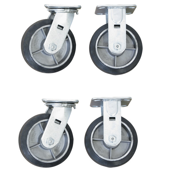 A set of four Wesco casters with black rubber wheels on aluminum hubs.