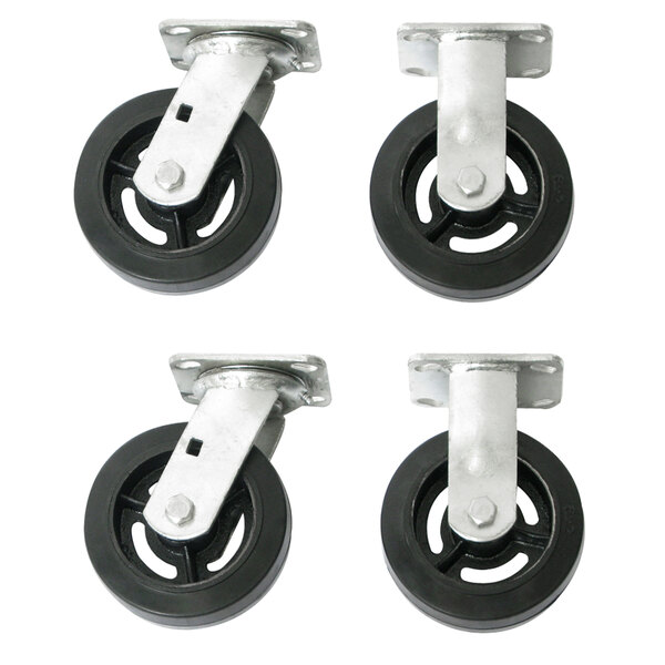 A set of four Wesco casters with black rubber wheels and black and white swivel and rigid cast iron hubs.