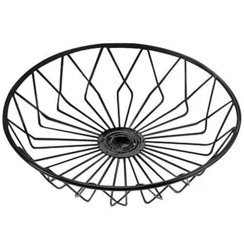 A black metal wire basket with a spiral design and a circular shape.