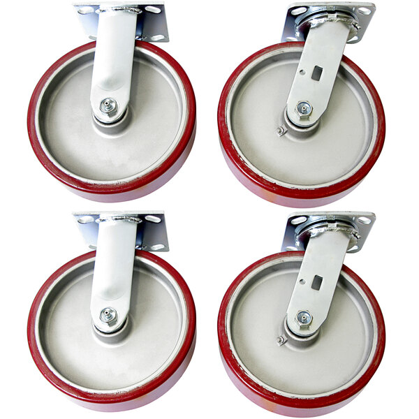 A close-up of a red and white Wesco caster wheel.