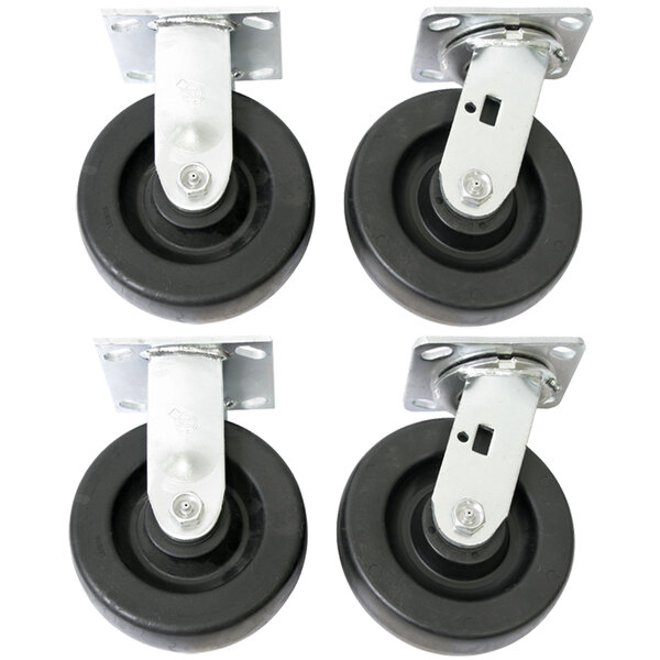 A set of black and silver Wesco caster wheels.