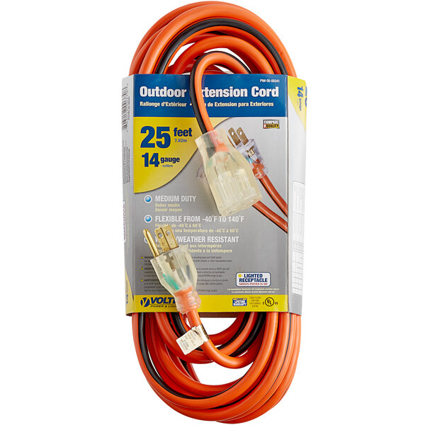 A package for a Voltec orange and black 14/3 extension cord with a 25' cord.