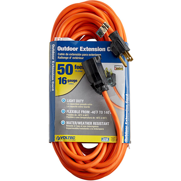 An orange Voltec 3-conductor extension cord package.
